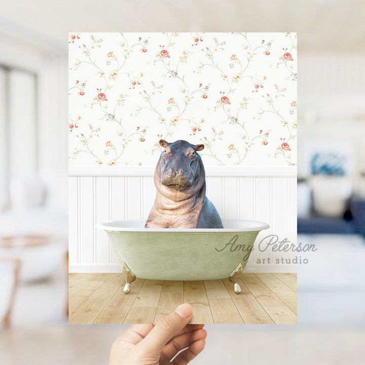 a hippopotamus sitting in a bathtub with a flowered wallpaper