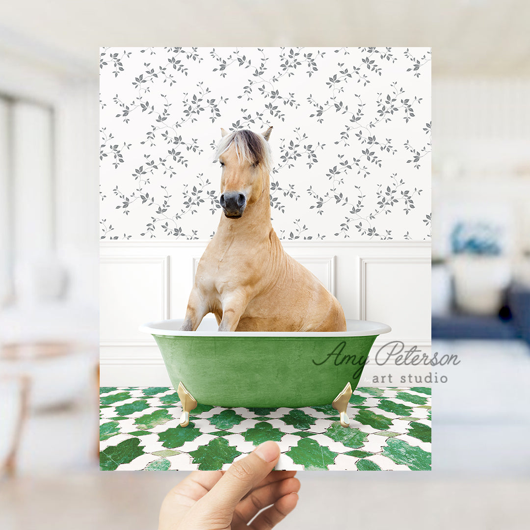 a person holding a card with a dog in a bathtub