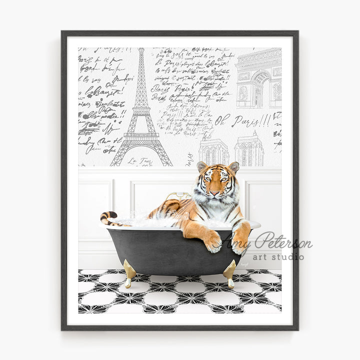 a picture of a tiger in a bathtub with the eiffel tower in