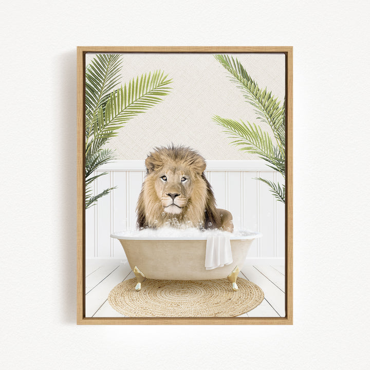 A lion sitting in a bathtub filled with water, surrounded by palm leaves.