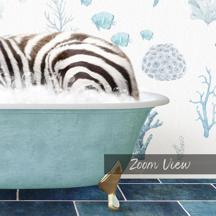 A zebra lying in a bathtub filled with bubbles, surrounded by a blue and white underwater scene with fish and coral.