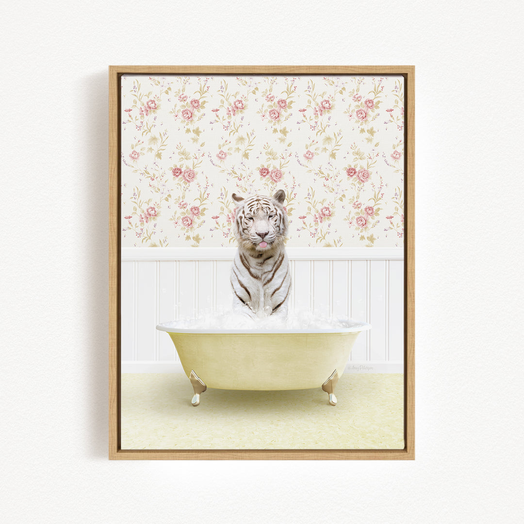 A white tiger is sitting in a bathtub filled with water, surrounded by a floral wallpaper.