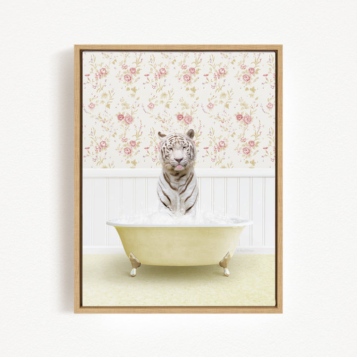 A white tiger is sitting in a bathtub filled with water, surrounded by a floral wallpaper.