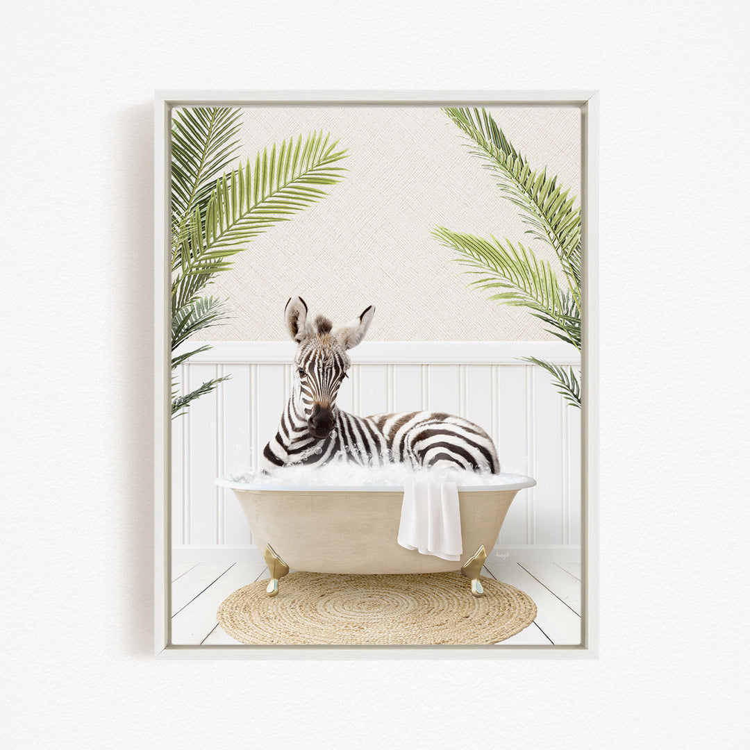 A zebra is sitting in a bathtub filled with water, surrounded by palm leaves, creating a whimsical and playful scene.