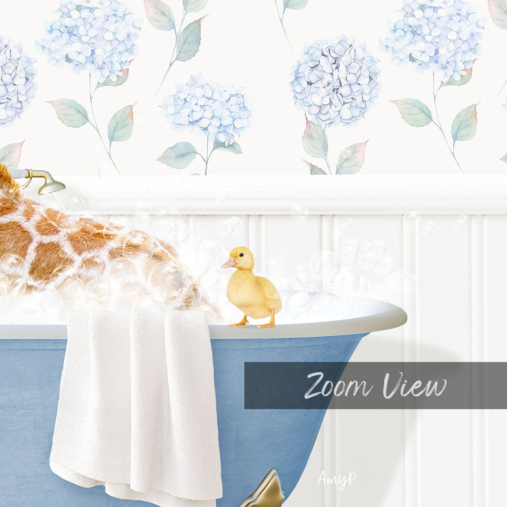 A giraffe is taking a bath in a blue bathtub, with a yellow duck sitting on the edge of the tub. The background features a floral pattern.