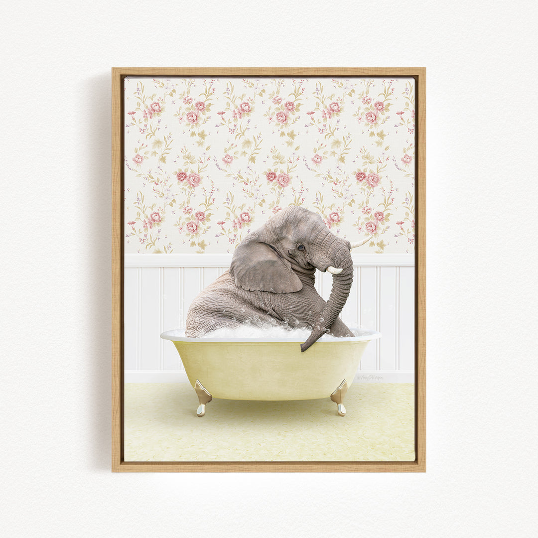 A gray elephant is sitting in a yellow bathtub, surrounded by a floral wallpaper.