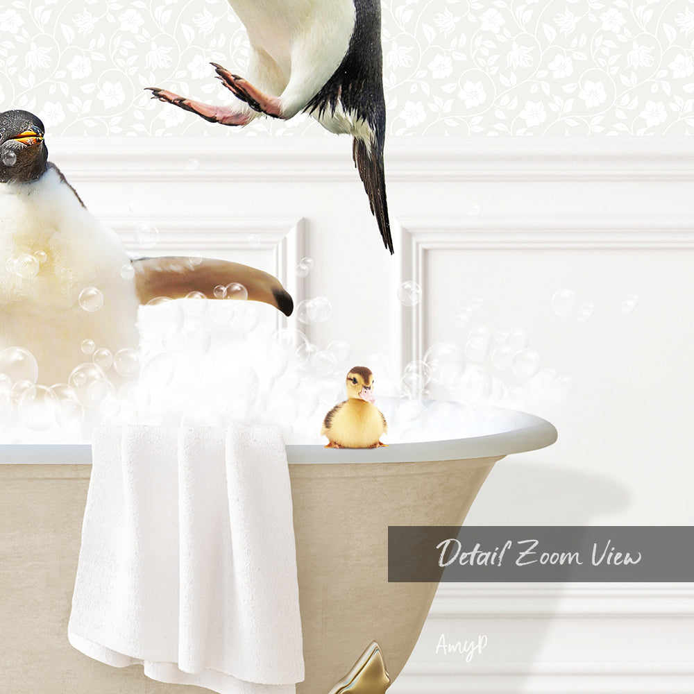 A baby penguin and a baby duck enjoying a bath together in a white bathtub, surrounded by bubbles.