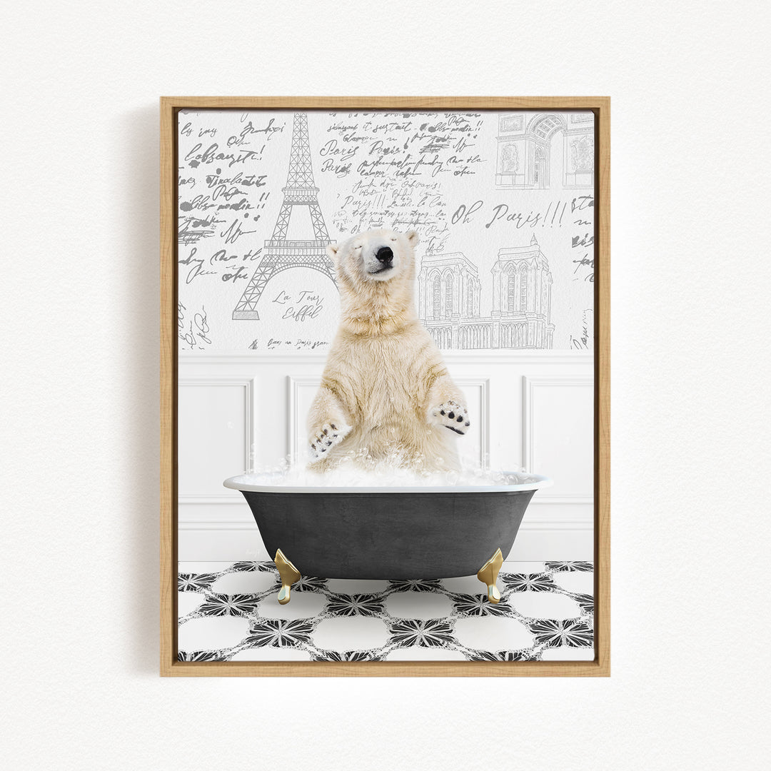 A polar bear sitting in a bathtub filled with water, surrounded by a Paris-themed background with the Eiffel Tower and other landmarks.