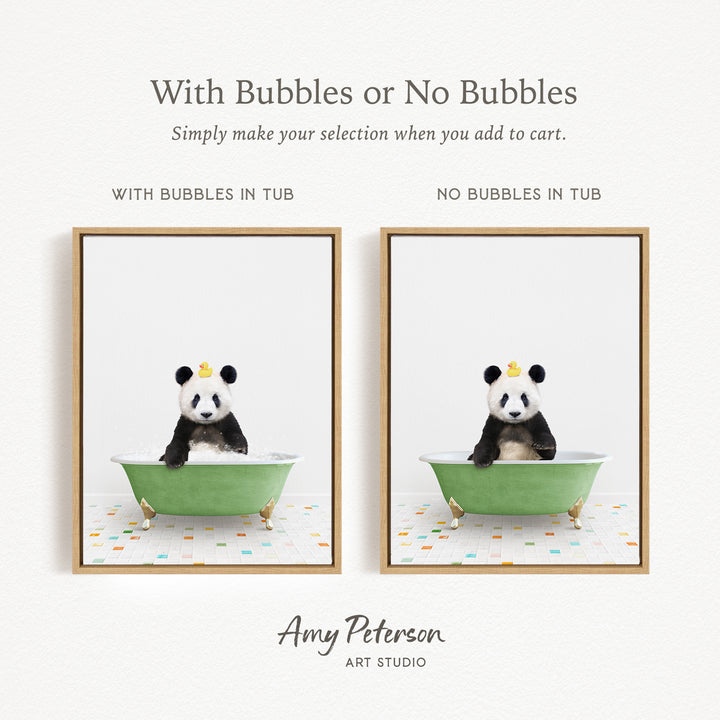 The image is a collage of two framed pictures, each featuring a panda bear sitting in a green bathtub. The panda bear in each picture has a yellow crown on its head. The text above the images reads "With Bubbles or No Bubbles" and below the images, it says "Simply make your selection when you add to cart."