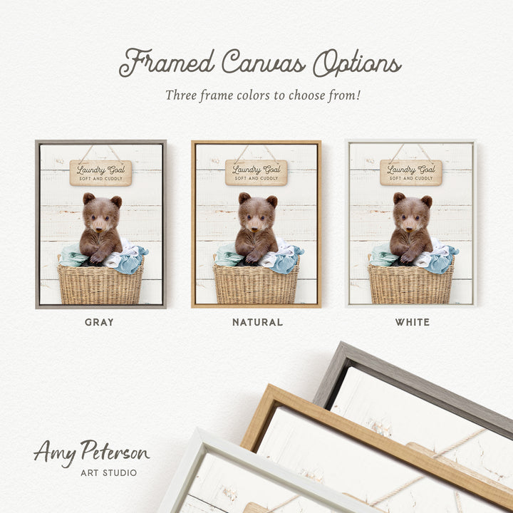 three framed canvas options featuring a brown teddy bear sitting in a basket, each with a different frame color: gray, natural, and white.