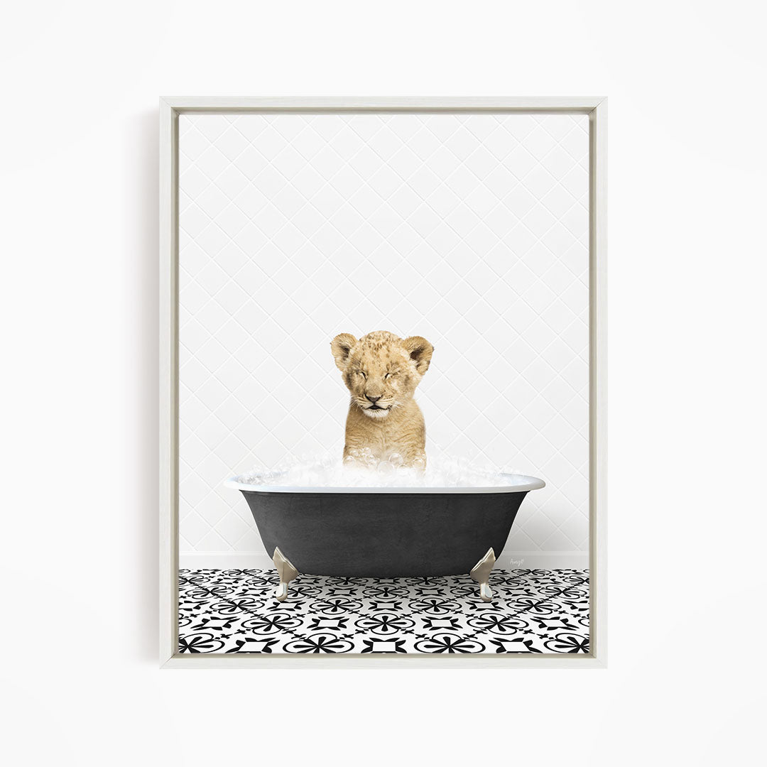 A young lion cub sitting in a bathtub filled with water, looking up at the camera.