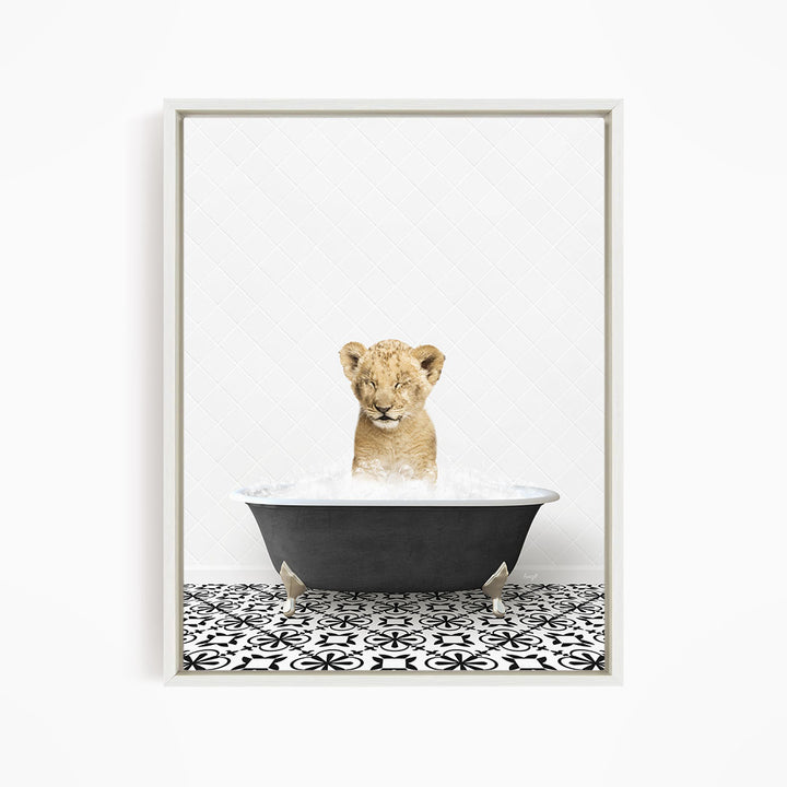A young lion cub sitting in a bathtub filled with water, looking up at the camera.
