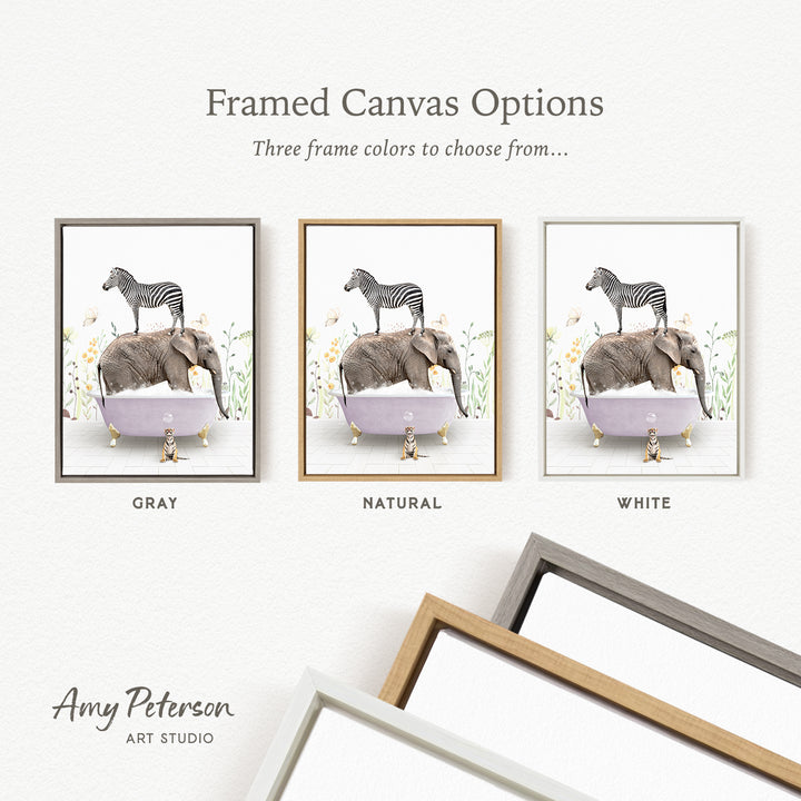 three framed canvas options featuring a zebra, elephant, and dog in bathtubs, with three different frame colors to choose from: gray, natural, and white.