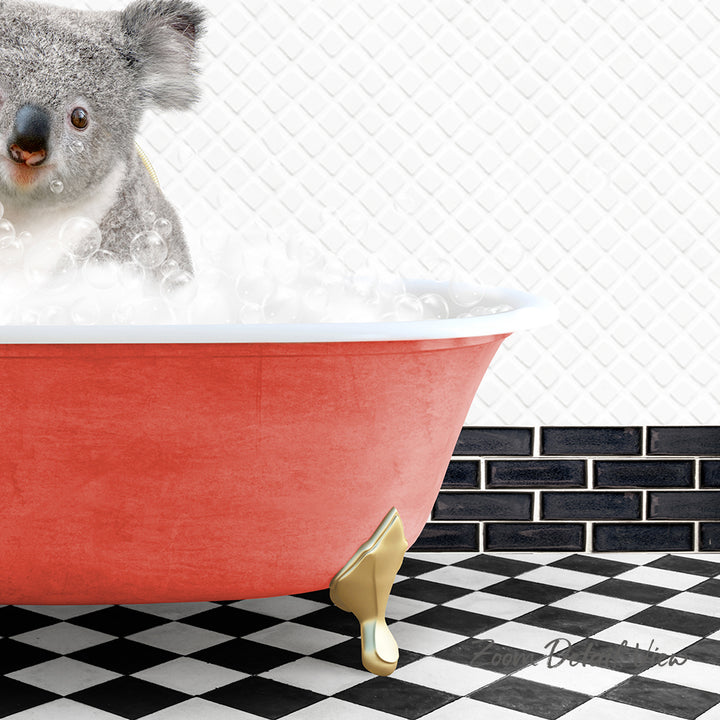 A koala sitting in a red bathtub filled with bubbles, with a black and white checkered floor and a brick wall in the background.