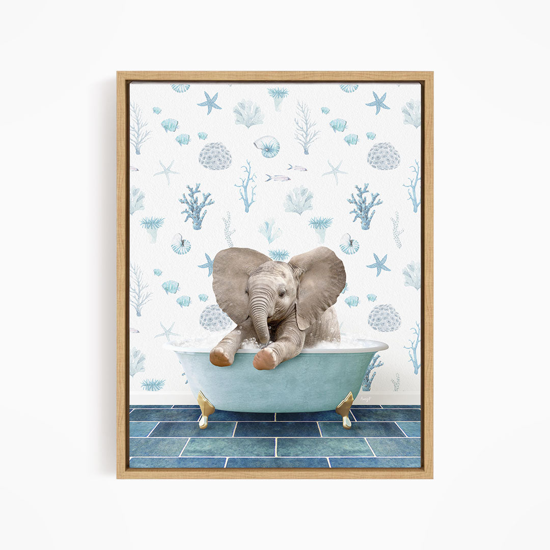 A baby elephant sitting in a blue bathtub, surrounded by a pattern of seashells, starfish, and other marine life.