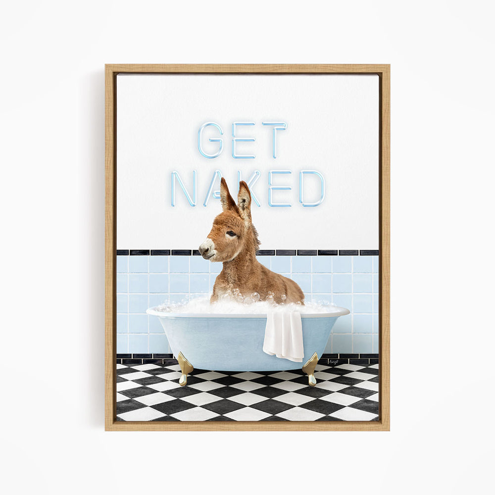 A donkey sitting in a bathtub with the text "GET NAKED" displayed above it.