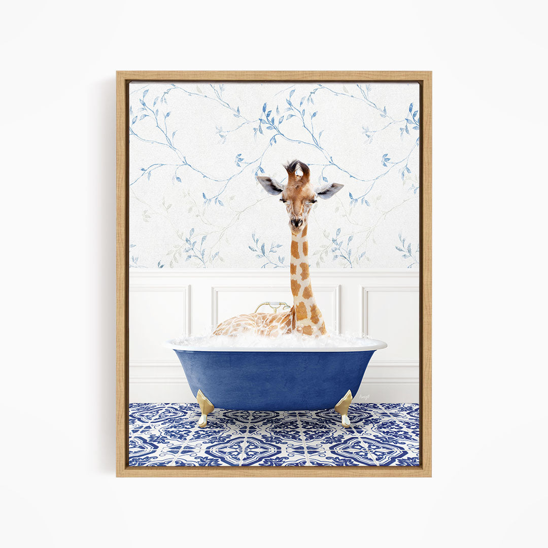 A giraffe sitting in a blue bathtub filled with water, surrounded by a patterned tile floor.