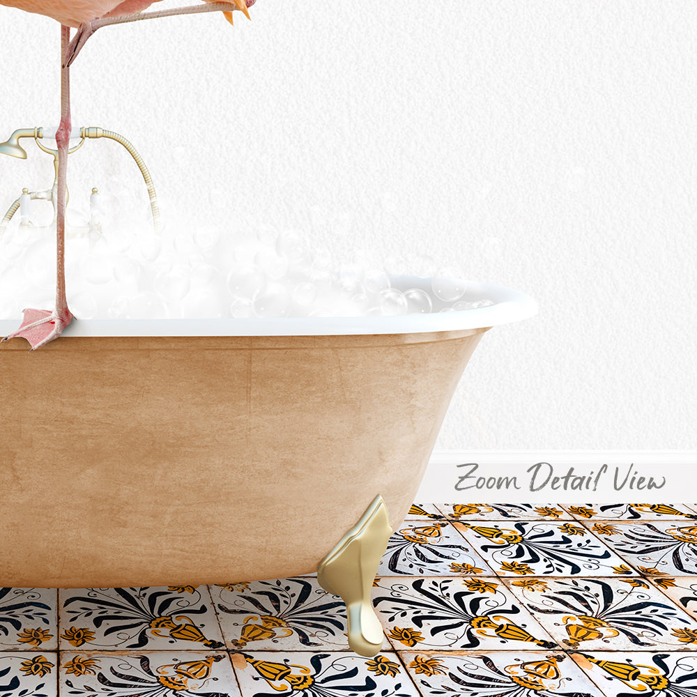 A clawfoot bathtub filled with water and bubbles, with a decorative tile floor featuring a floral pattern.