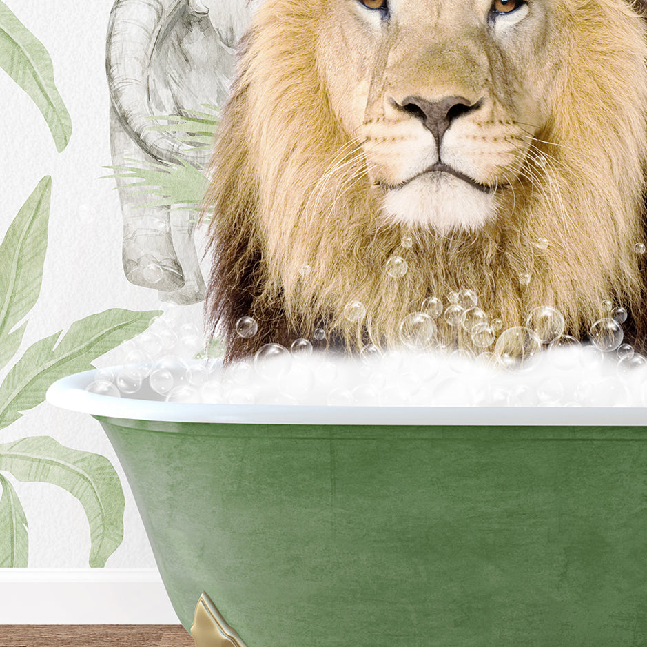 a lion is sitting in a bathtub with bubbles