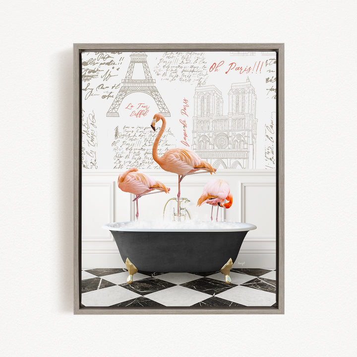 A framed image depicting three flamingos standing in a bathtub, with a Paris-themed background featuring the Eiffel Tower and other Parisian landmarks.