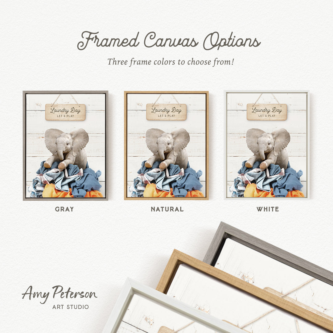 three framed canvas options, each featuring a different color and frame style. The options include a gray frame with a white elephant image, a natural frame with a white elephant image, and a white frame with a gray elephant image.