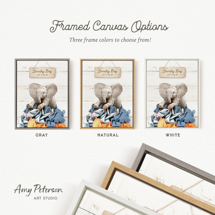 three framed canvas options, each featuring a different color and frame style. The options include a gray frame with a white elephant image, a natural frame with a white elephant image, and a white frame with a gray elephant image.