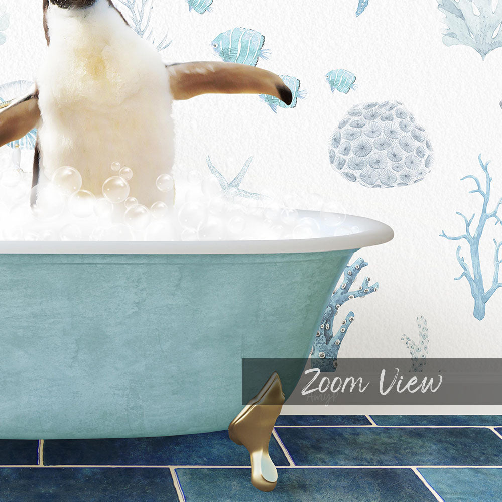 A penguin standing in a bathtub filled with bubbles, surrounded by a blue and white underwater scene.
