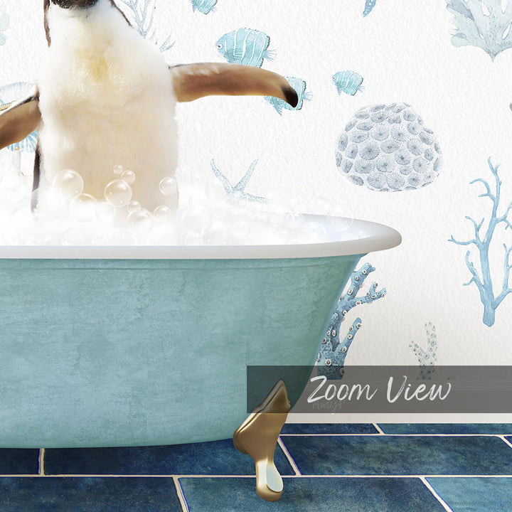 A penguin standing in a bathtub filled with bubbles, surrounded by a blue and white underwater scene.