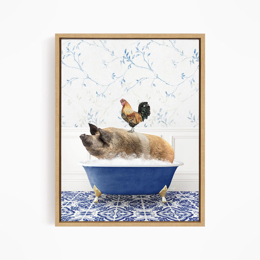A rooster sits atop a pig in a blue bathtub, surrounded by a blue and white patterned floor.