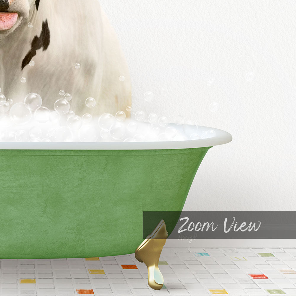A dog is standing in a green bathtub filled with bubbles, with a text overlay that reads "Zoom View".