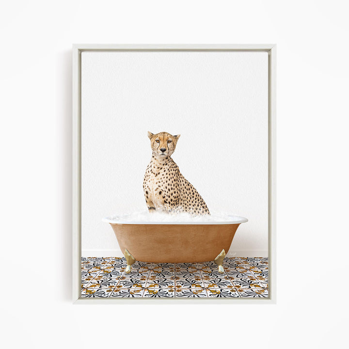 A cheetah sitting in a bathtub filled with water, surrounded by a patterned tile floor.