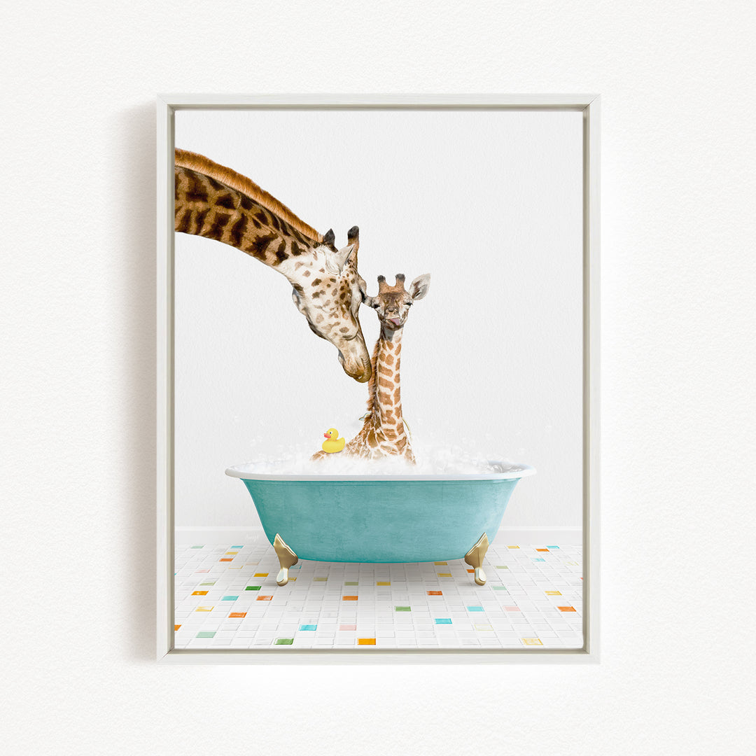 A giraffe and a baby giraffe are sitting in a blue bathtub filled with water, with a yellow rubber duck floating in the water.