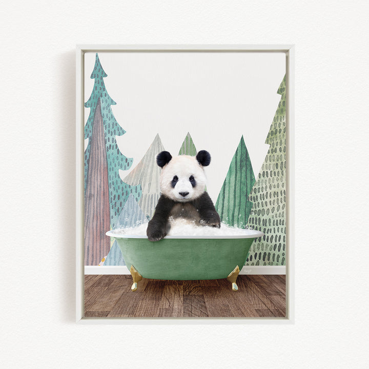 A panda bear sitting in a green bathtub, surrounded by a forest-themed background.