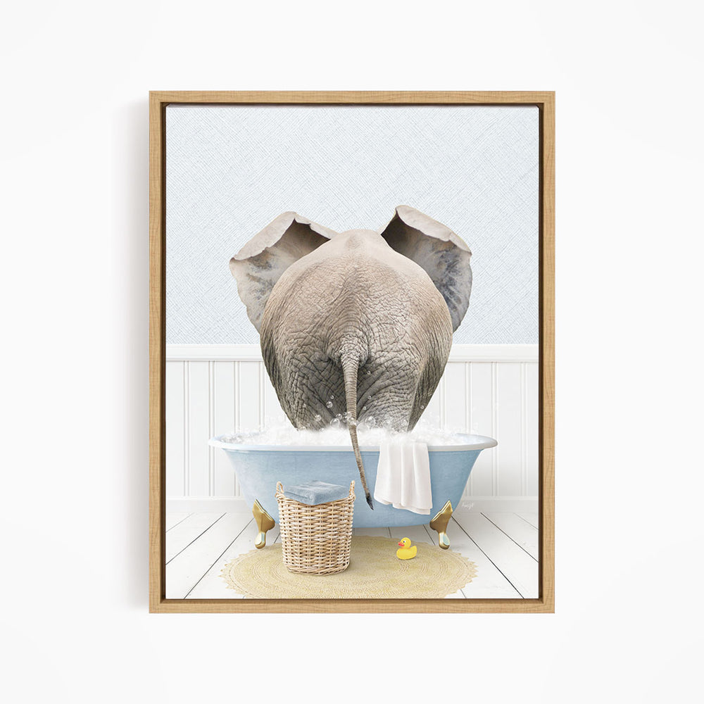 A gray elephant is standing in a blue bathtub filled with water, surrounded by rubber ducks and a basket.