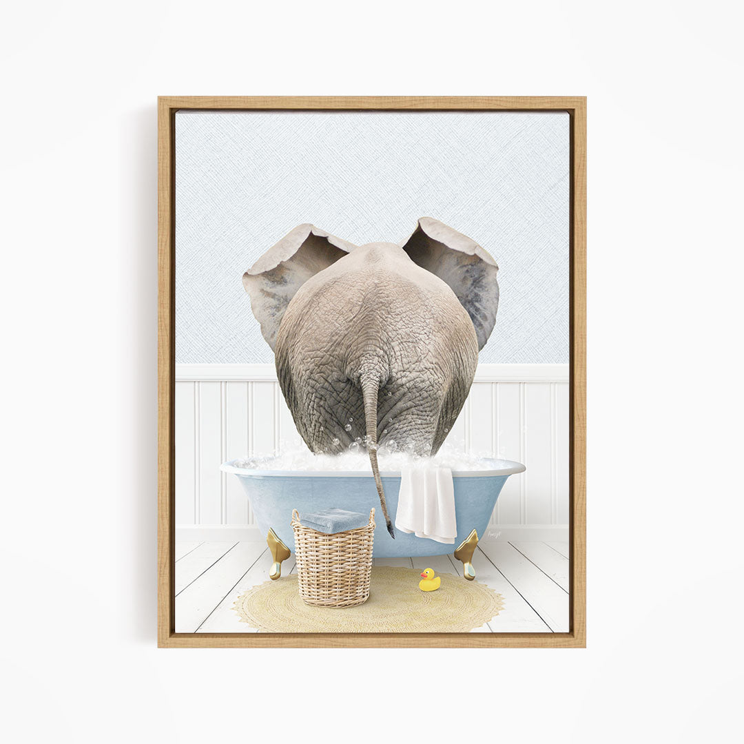 A gray elephant is standing in a blue bathtub filled with water, surrounded by rubber ducks and a basket.