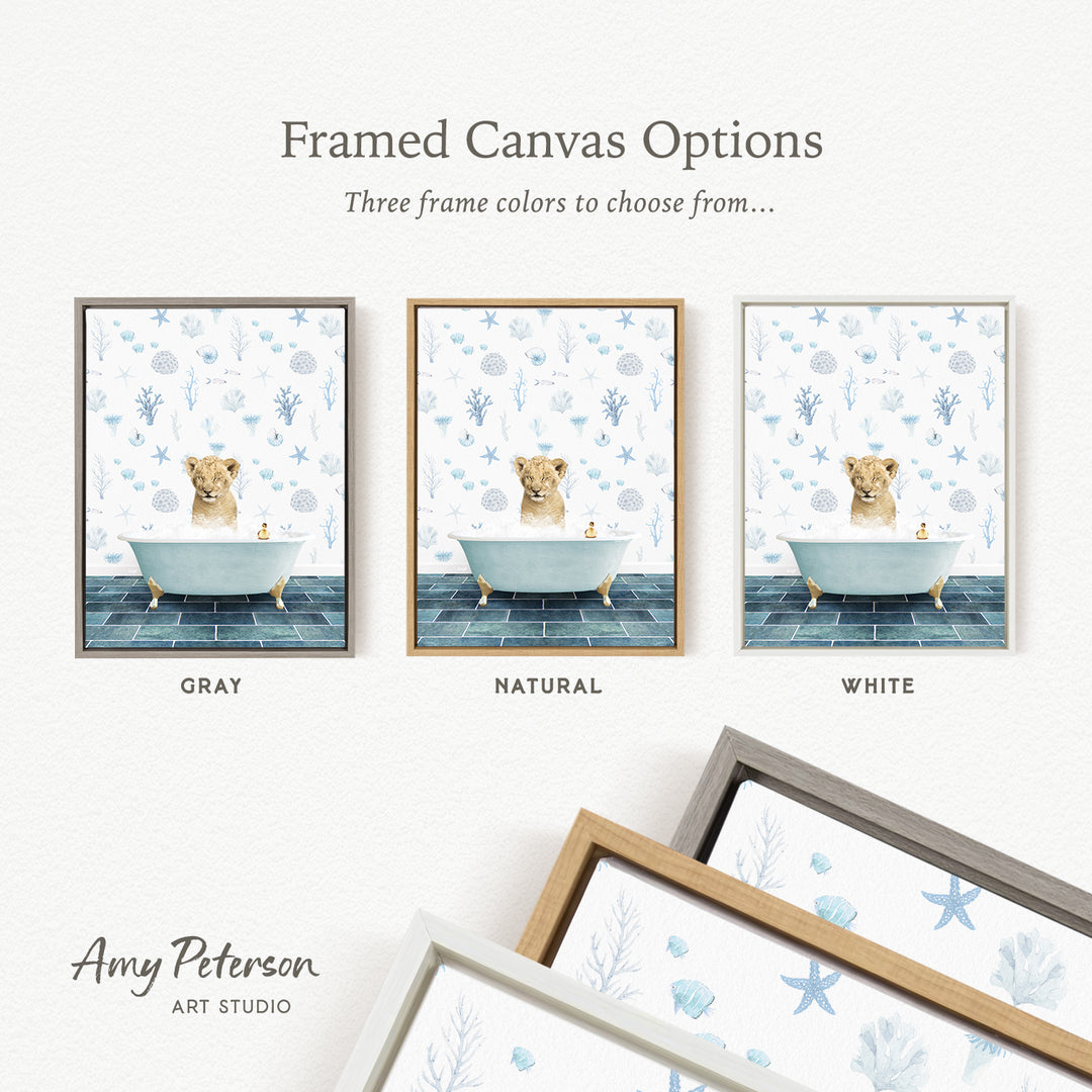 three framed canvas options featuring a dog sitting in a bathtub, with each option having a different frame color: gray, natural, and white.