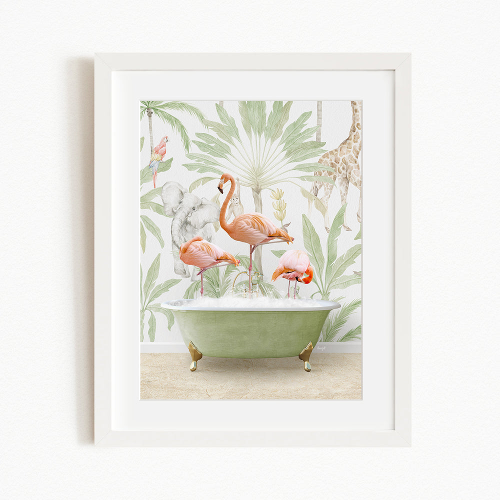 A framed print depicting a pink flamingo standing in a green bathtub, surrounded by a tropical jungle scene with palm trees, a giraffe, and other animals.