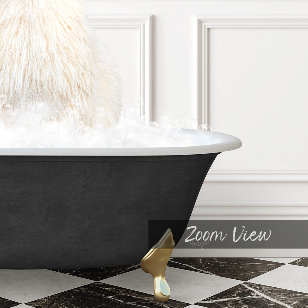 A black bathtub filled with bubbles, with a gold bathtub leg visible, and a white wall in the background.