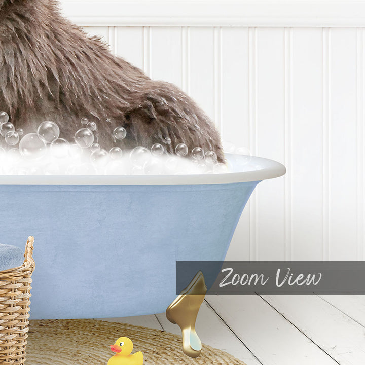 A fluffy brown dog is sitting in a blue bathtub filled with bubbles, surrounded by rubber ducks and a basket.