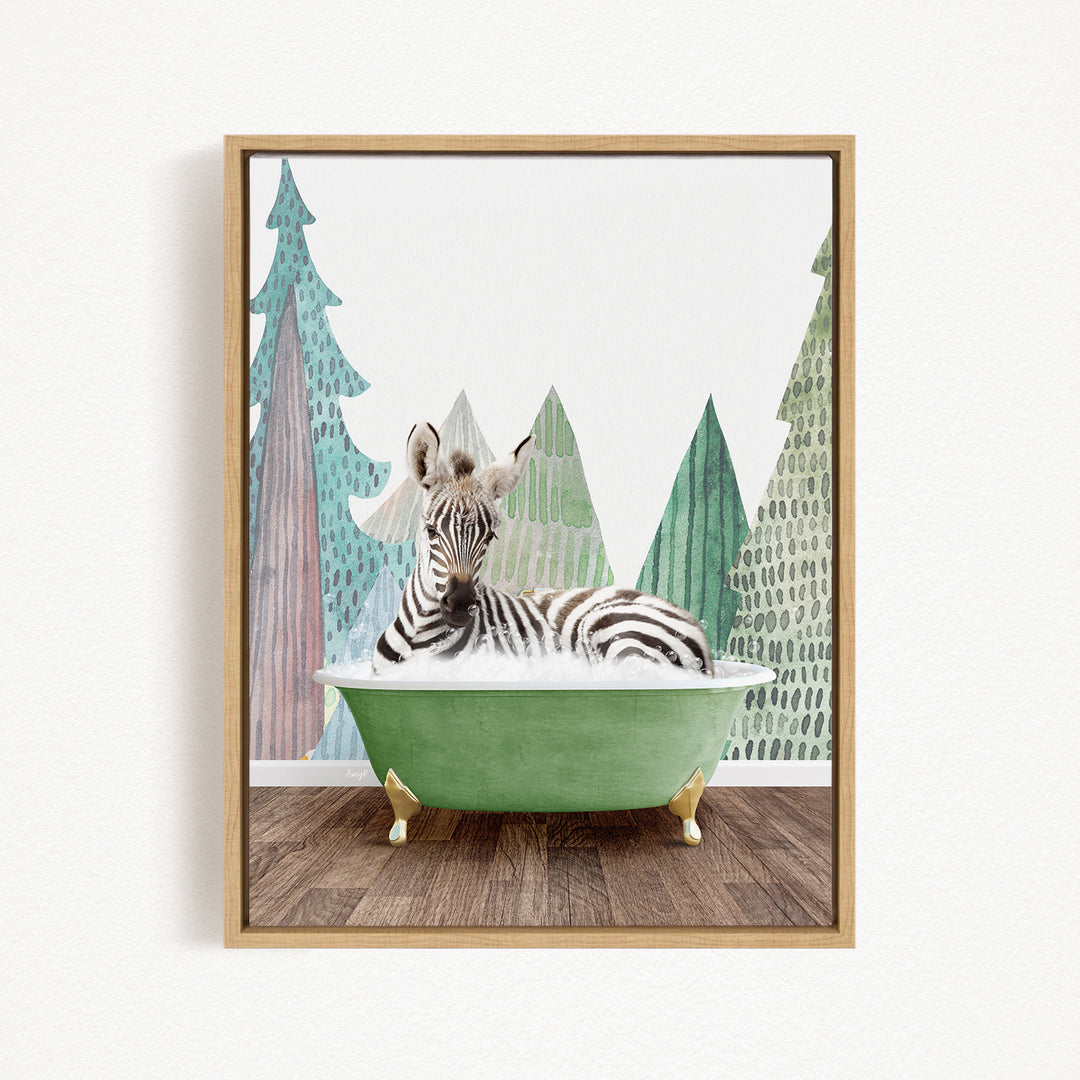 A zebra is sitting in a green bathtub, surrounded by stylized trees in various shades of green and brown.