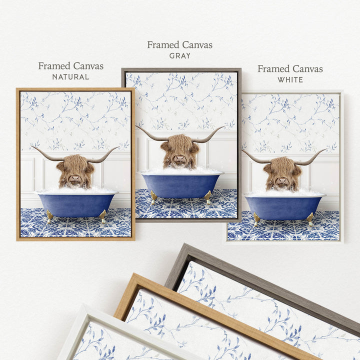 a framed canvas with a picture of a horned animal, likely a yak or a similar creature, sitting in a blue bathtub. The canvas is framed in three different colors: natural, gray, and white. The image is a collage of three separate pictures, each depicting the same scene of the animal in the bathtub.
