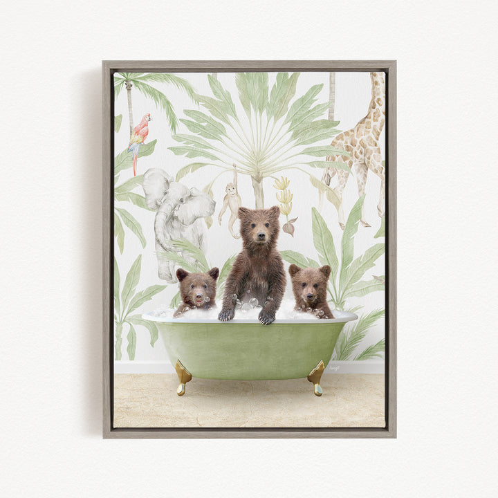 A framed image depicting three bears sitting in a green bathtub, surrounded by tropical foliage and animals.
