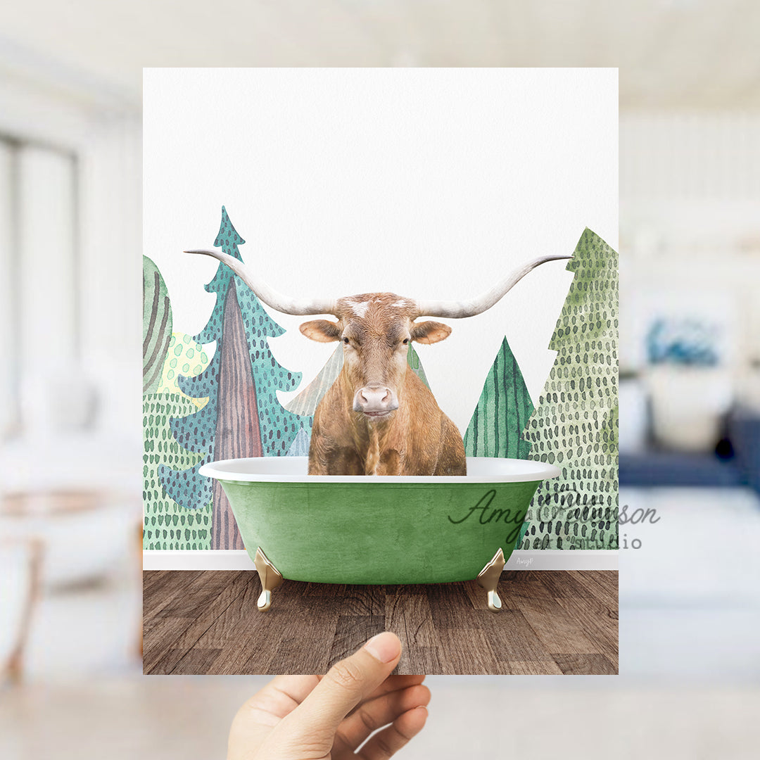 a person holding up a card with a picture of a cow in a bathtub