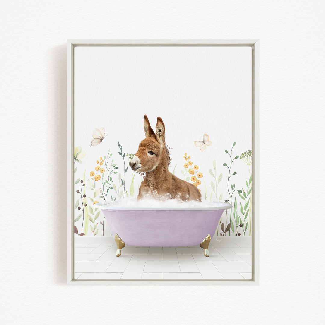 A donkey is sitting in a purple bathtub filled with bubbles, surrounded by flowers and butterflies.
