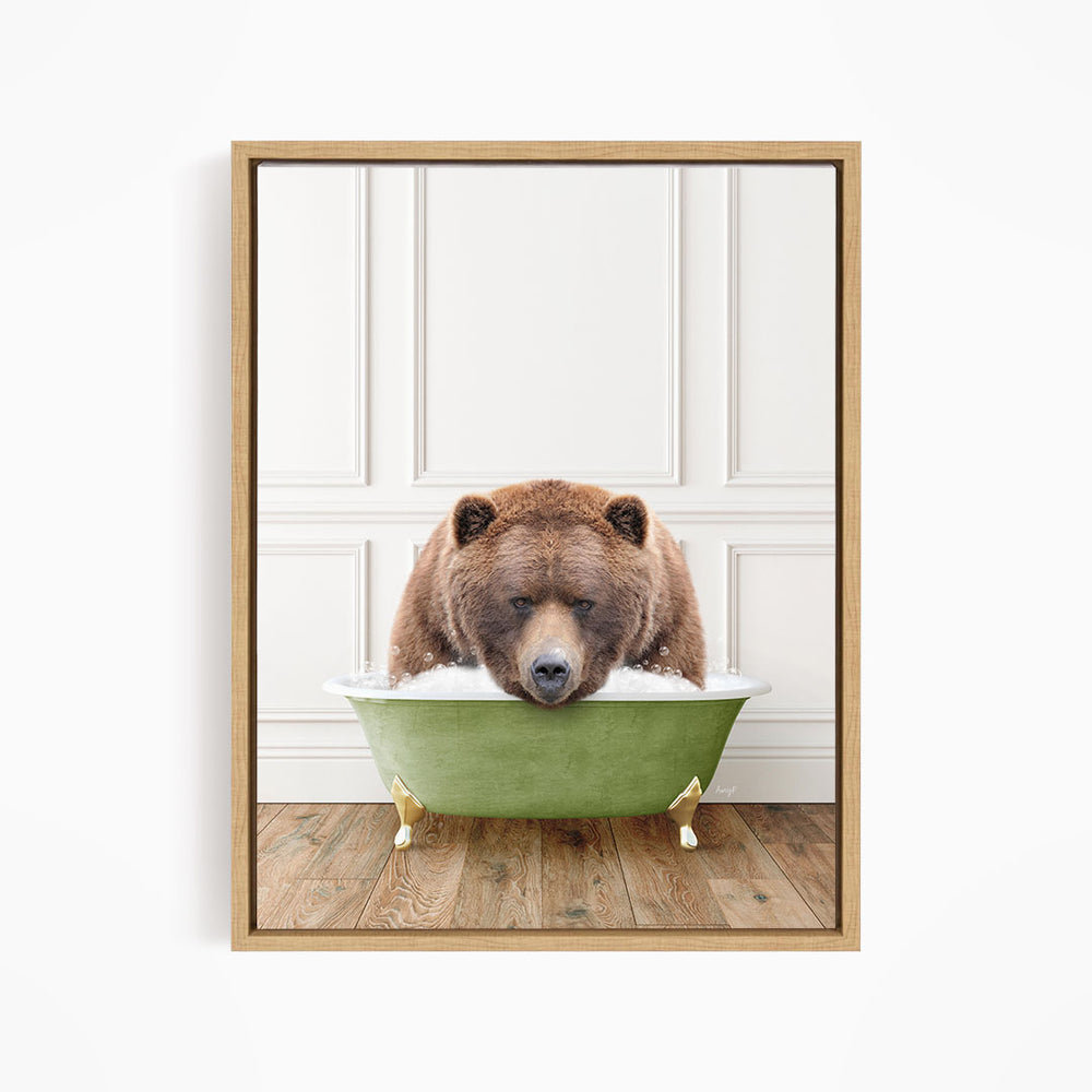 A brown bear is sitting in a green bathtub, appearing to be enjoying a relaxing bath.