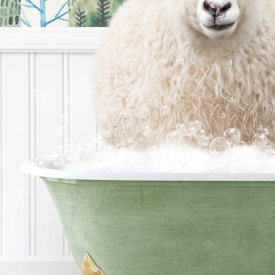 a sheep is sitting in a bathtub with bubbles