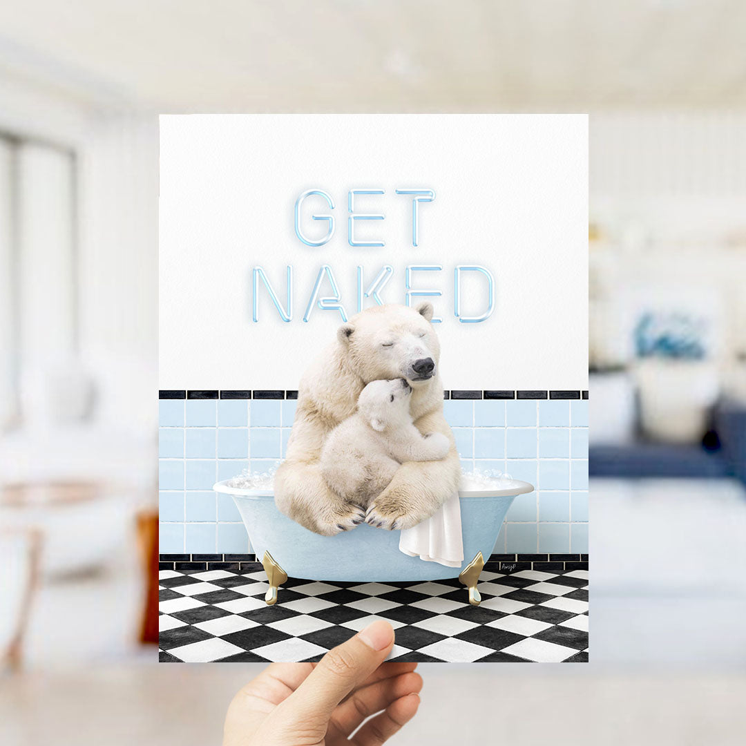 A polar bear sitting in a bathtub with a baby bear, with the text "GET NAKED" displayed above the image.
