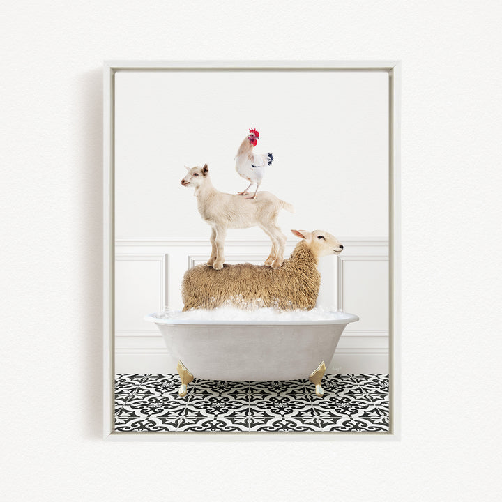 A white bathtub filled with water, with a goat standing on top of it and a chicken perched on its back.