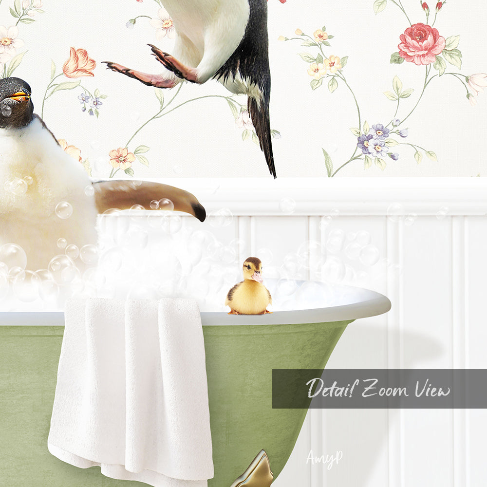 A baby duck sitting in a bathtub filled with bubbles, surrounded by a floral wallpaper and a penguin.