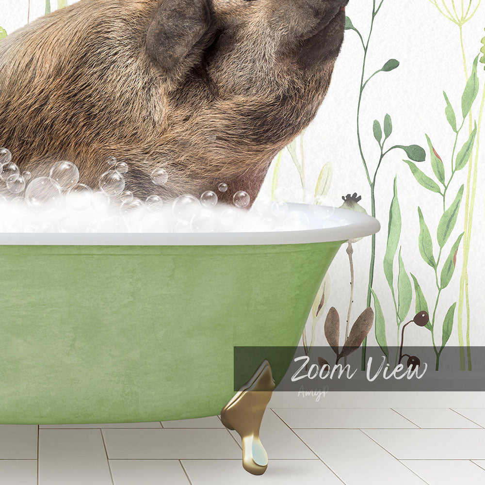A pig sitting in a green bathtub filled with bubbles, surrounded by green plants and flowers.